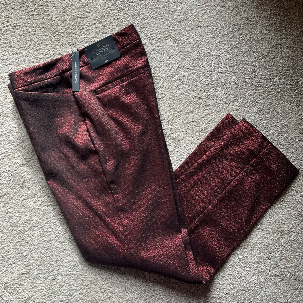 NWT Red Shimmer Metallic Worthington Slim Fit Ankle Party Pants Size 4 Holiday